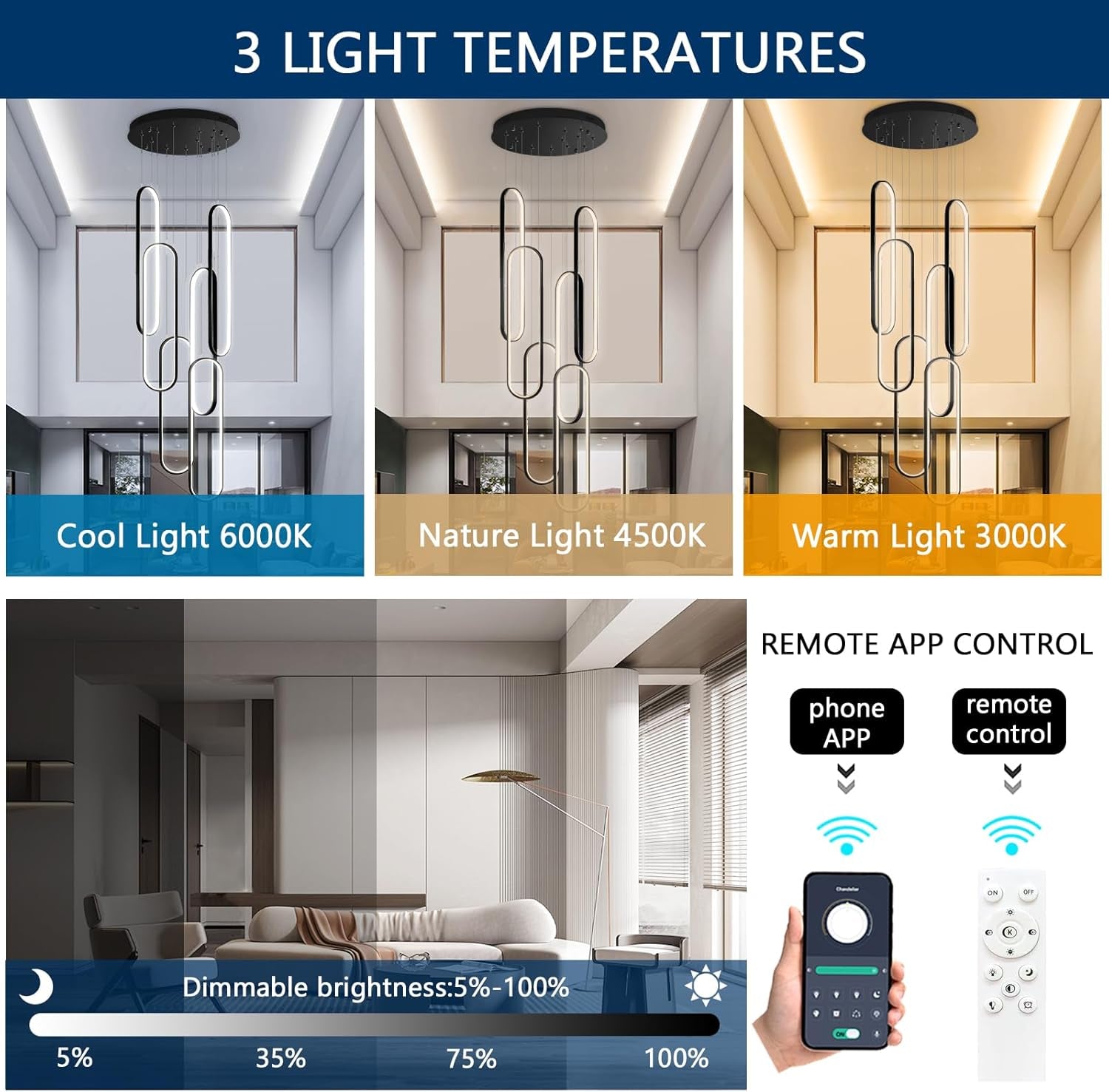 Modern LED Chandeliers for Foyer Entryway High Ceiling Long Staircase Chandeliers Dimmable Dimmable Flush Mount High Villa Foyer 2700K-6000K