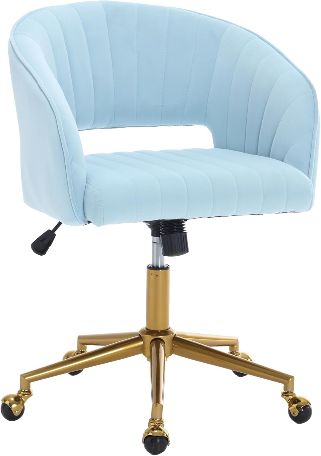 Home Office Swivel Desk Chair, Modern Velvet Vanity Chair, Height Adjustable Armchair with Gold Base, Ergonomic Office Chair for Task Study Computer Room, Light Blue
