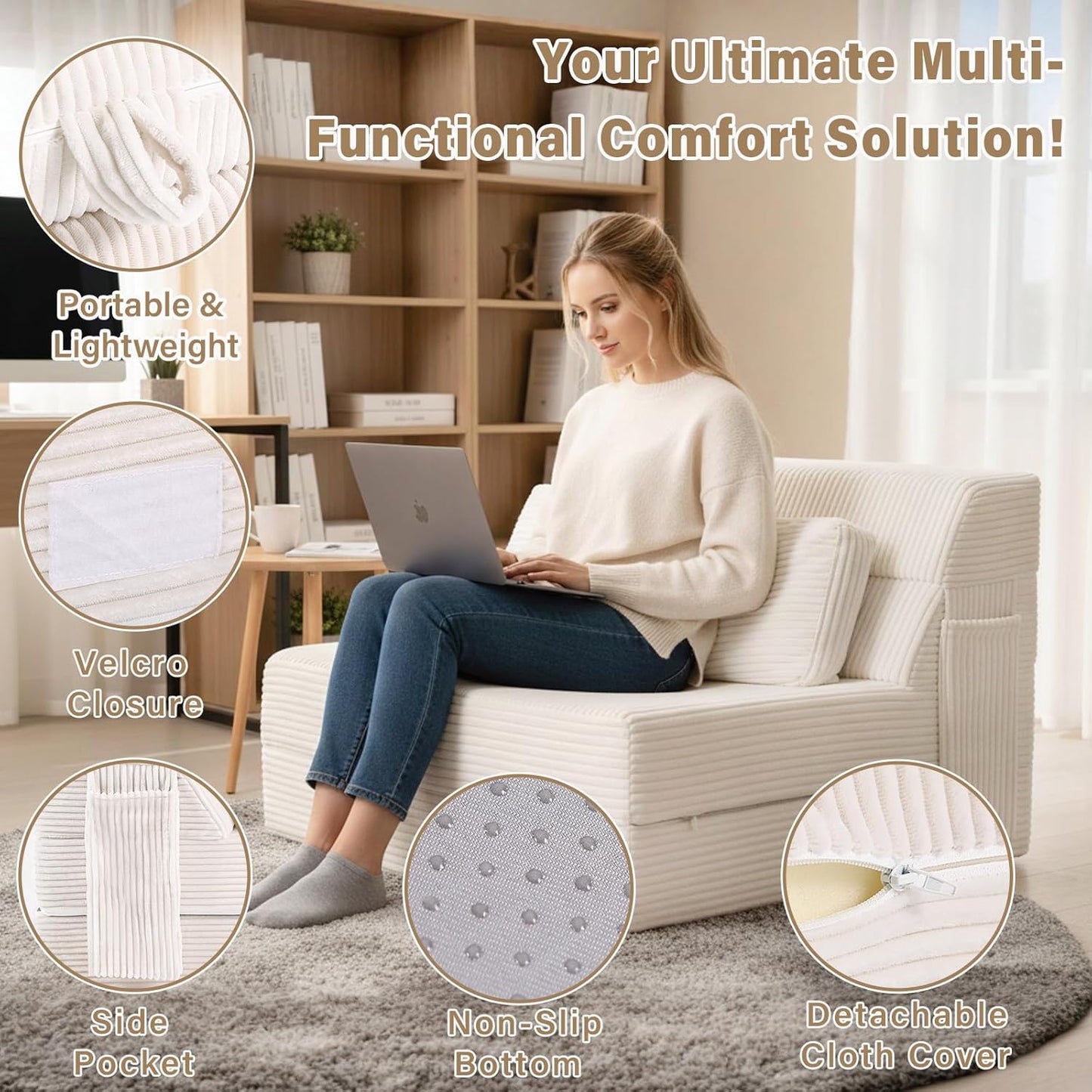 Folding Sofa Bed with Pillow, Memory Foam Fold Out Chair Bed, Single Size Convertible Chair Floor Couch & Sleeping Mattress, Foldable Sleeper Sofa Bed for Guest Room, Living Room, Beige