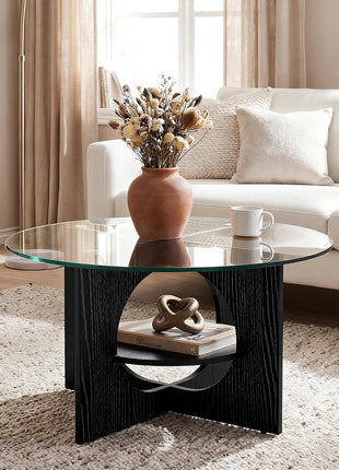 Contemporary Round Coffee Table with Dual-Tier Glass Design and Storage, Versatile Centerpiece for Living Room, Office, and Lounge, Black