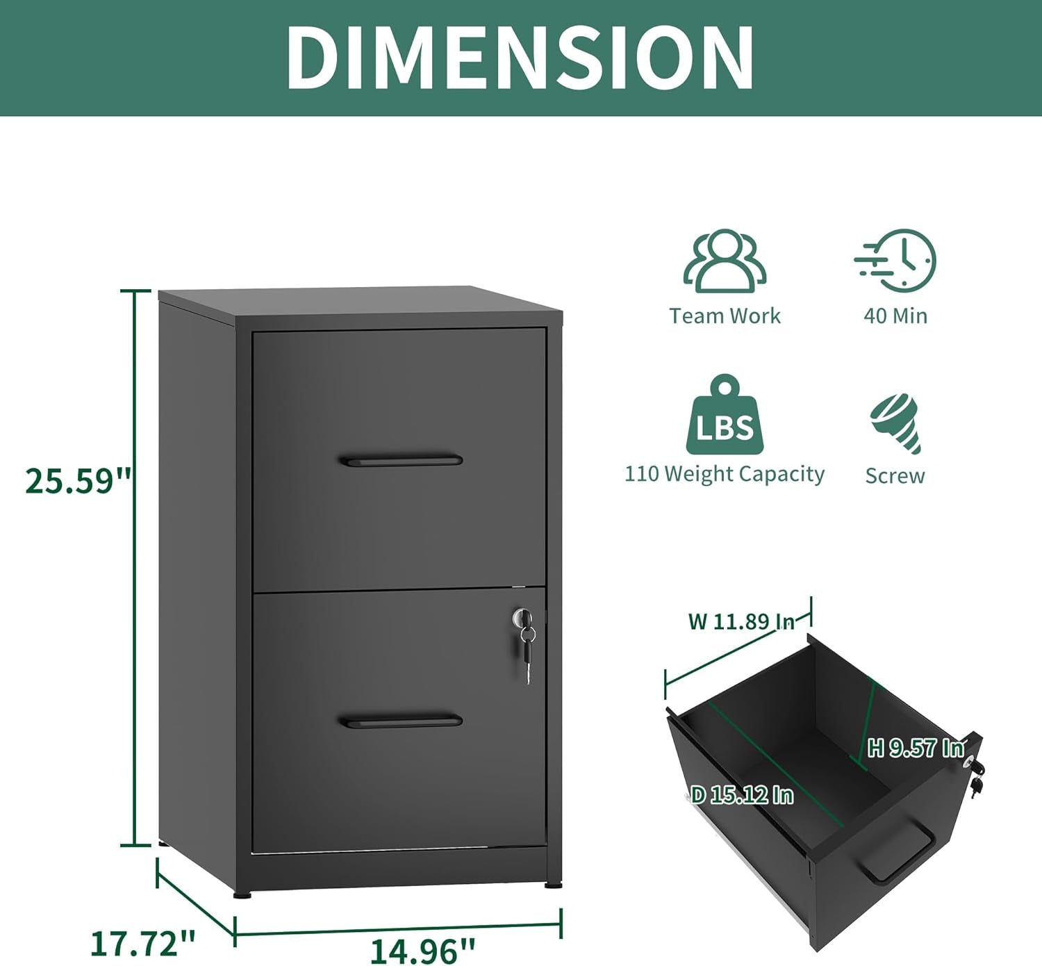 2 Drawer File Cabinet with Lock,Metal Vertical Filing Cabinets for Home Office,Heavy Duty File Storage Cabinet for Letter/Legal/A4/F4 Size File,Assembly Require (Black, Vertical 2 Drawer)