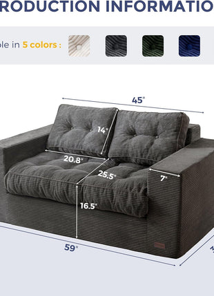Upholstered Loveseat Sofa Couch and Bean Bag Chair Cloud for Adults, Boneless Design with Tufted Cushion and Pillows, Sofa in a Box, No Assembly Required, Dark Grey