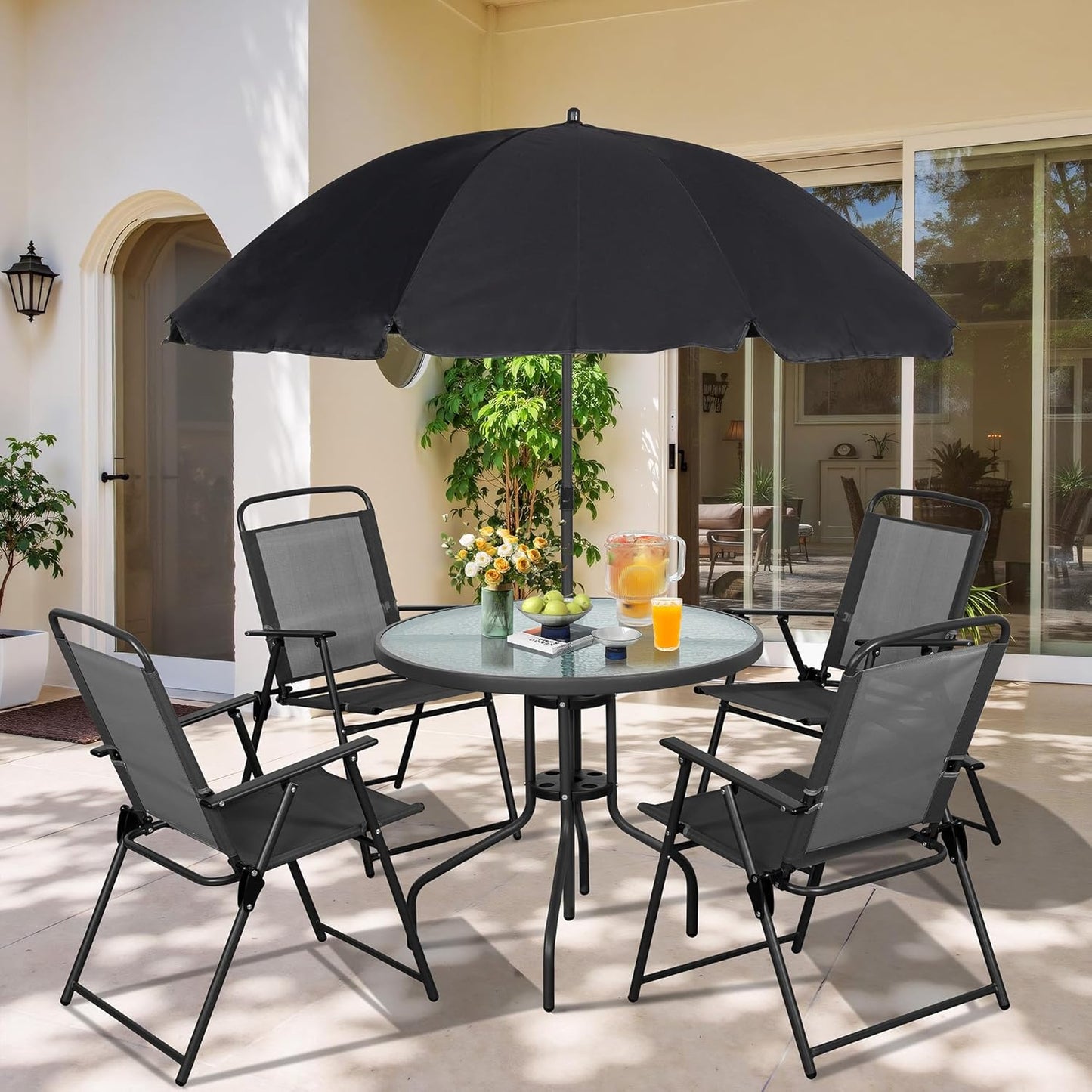 6 Piece Folding Patio Dining Set,Small Metal Outdoor Garden Patio Table and Chair Set W/Umbrella for Lawn,Deck,Backyard,Black
