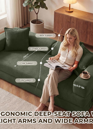 5-in-1 Convertible Green Sofa Bed with Removable Corduroy Cover and High-Density Foam, Includes 2 Pillows – Ideal for Living Room and Bedroom, No Assembly Required