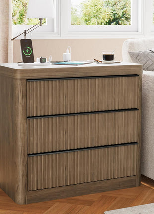 Set of 2 Fluted Nightstands with Charging Station, 3-Drawer Storage End Tables in Grey Alder for Bedroom and Living Room