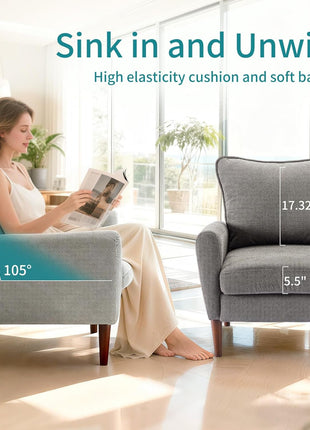 Upholstered Mid-Century Accent Chair for Living Room, Bedroom, and Waiting Areas with Pillow and Solid Wood Legs, Modern Wide Single Lounge Sofa (Gray)