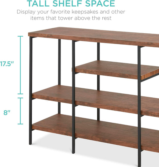 Large Console Table, 4-Tier 55In Rustic, Industrial Sofa Table Storage for Living Room, Entryway, Foyer, Hallway W/Eva Non-Scratch Feet, Steel Frame - Brown
