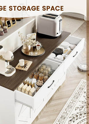 Modern 55.1-Inch Sideboard Buffet Cabinet with Storage, Drawers, and Doors for Kitchen and Living Room, White Wood Farmhouse Coffee Bar Table
