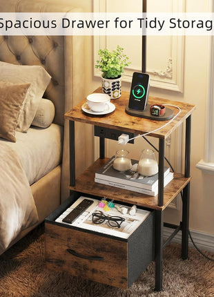 Set of 2 Rustic Brown Floor Lamps with End Tables, Integrated Charging Station and USB Ports, Nightstands with Fabric Drawers, 3 Color Temperature LED Lighting for Living Room and Bedroom, 14.9" W