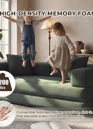 5-in-1 Convertible Green Sofa Bed with Removable Corduroy Cover and High-Density Foam, Includes 2 Pillows – Ideal for Living Room and Bedroom, No Assembly Required