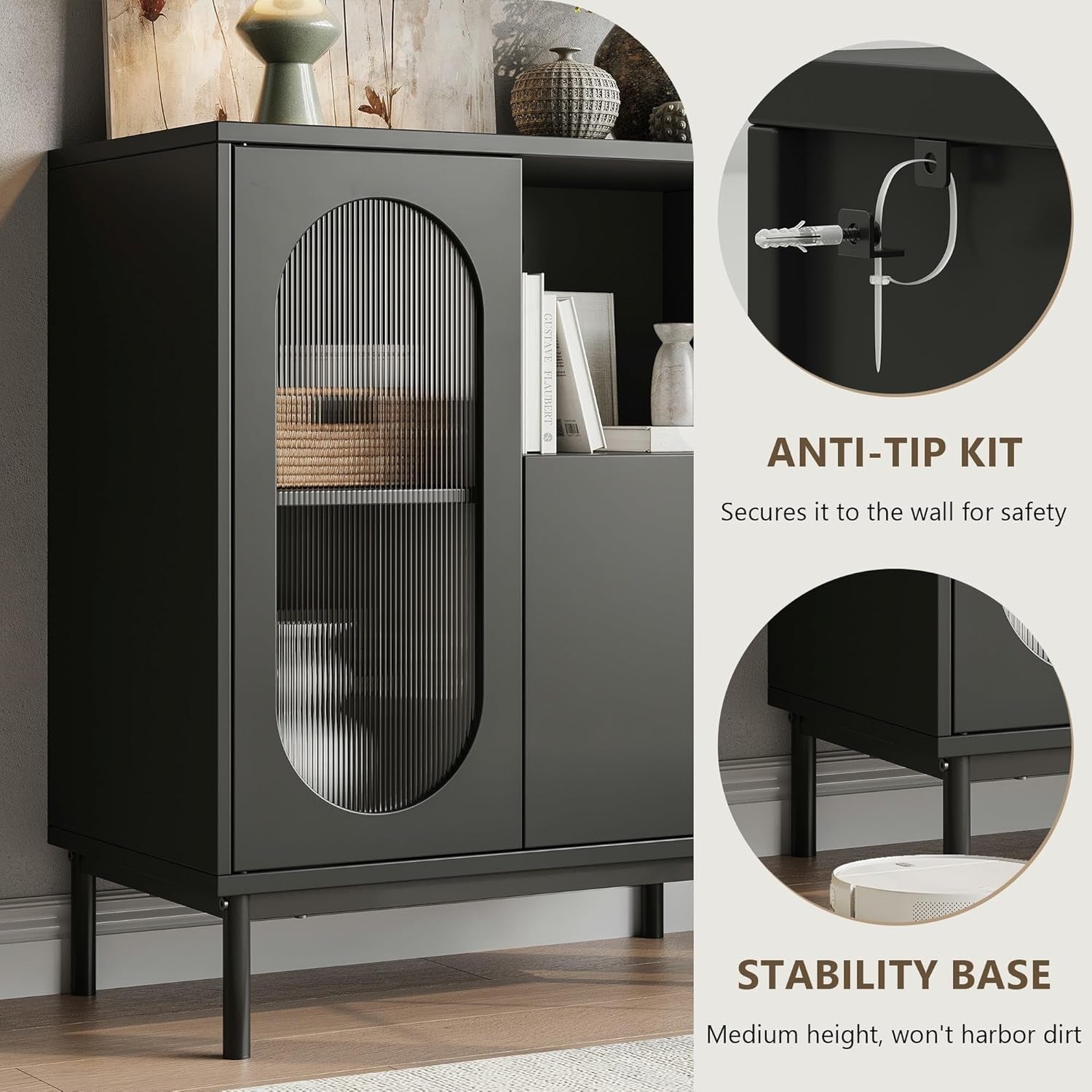 Sideboard Buffet Cabinet with Fluted Glass Doors and Adjustable Shelf, Wood Modern Accent Cabinet with Storage for Kitchen, Entryway, Living Room, Black