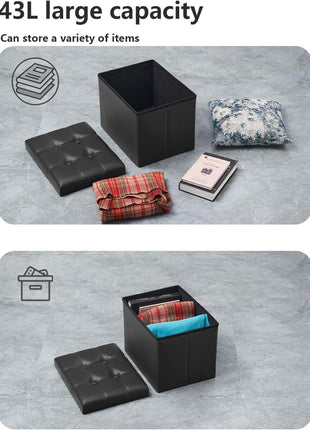 Compact Leather Folding Storage Ottoman with Thick Foam Padding, 17x13x13 Inches, Black