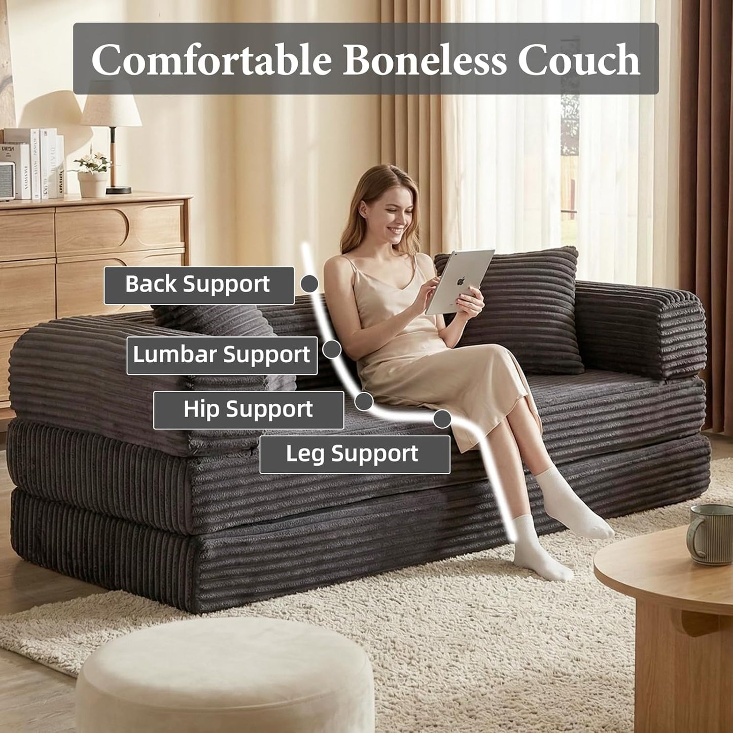 78 Inch Convertible Futon Sofa Bed,Folding Boneless Couches with Sleeper Sofa,Fold Out Floor Sofa Couch with Deep Seat,Cloud Corduroy Foldable Mattress Couch for Living Room (Dark Grey)