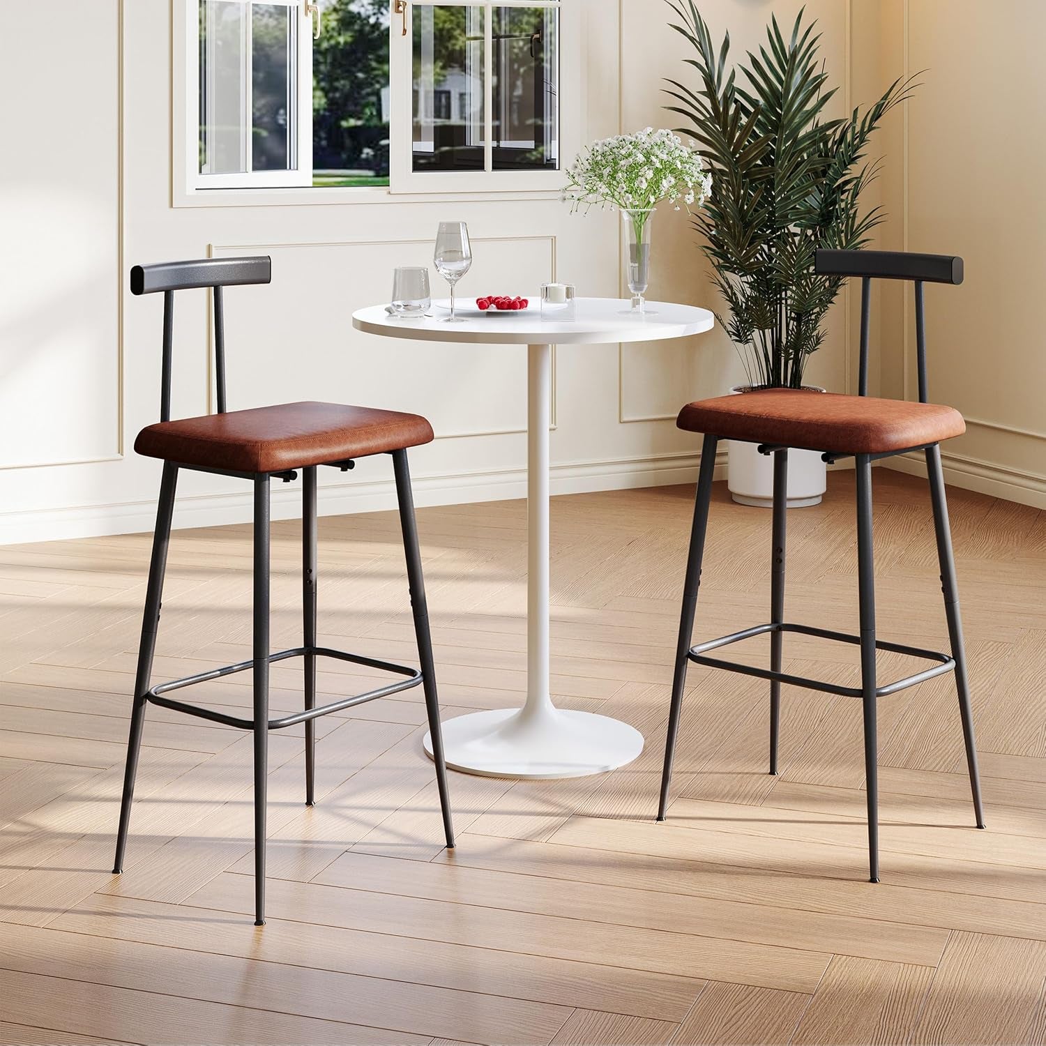 Bar Stools Set of 2, Tall Bar Stools with Backrest and Footrest, Counter Height Bar Chairs, Industrial Barstools with PU Leather Cushion, for Kitchen, Dining Room, Bar, Cafe (Rustic Brown)Kbs515R