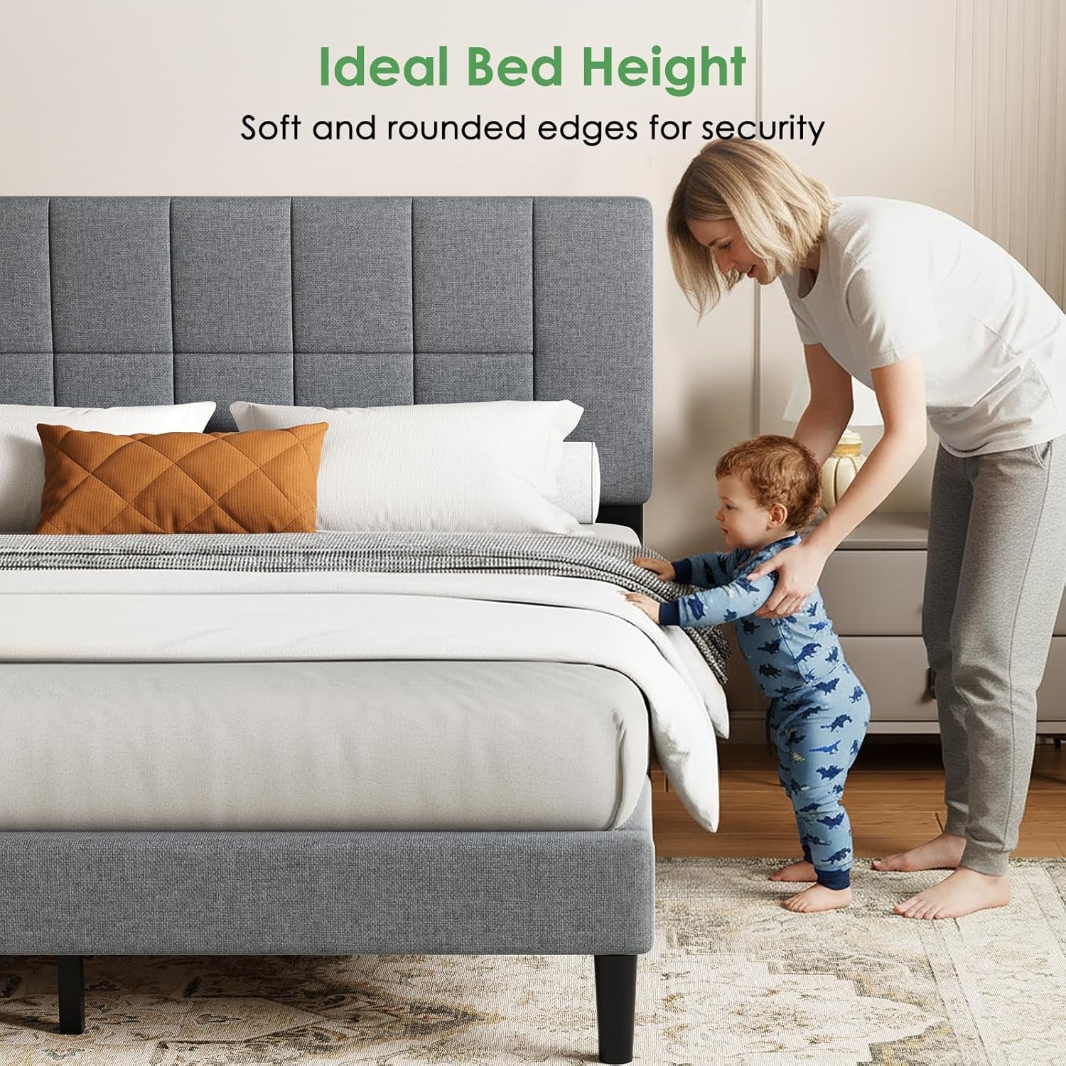 Queen Size Bed Frame - Upholstered, Adjustable Headboard,6"-12" Mattress Fit, 1300 Lbs Capacity, Sturdy 12-Leg Wood Construction, Easy Assembly, Dark Gray