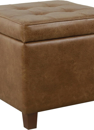 Square Tufted Storage Ottoman in Distressed Brown Faux Leather with Compact Design