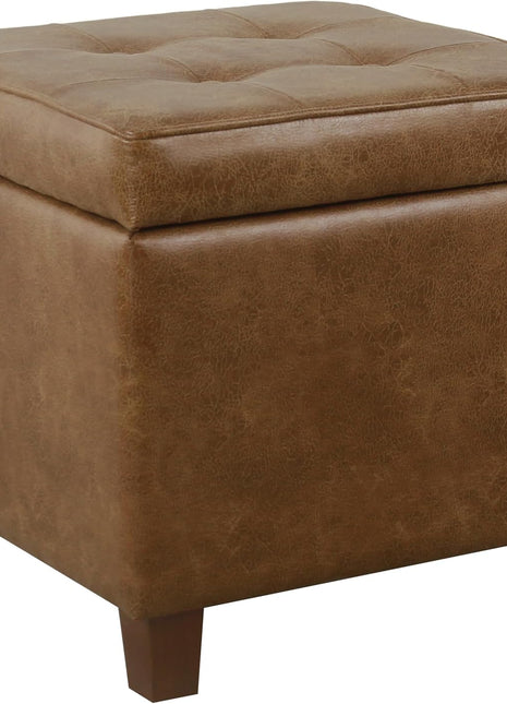 Square Tufted Storage Ottoman in Distressed Brown Faux Leather with Compact Design