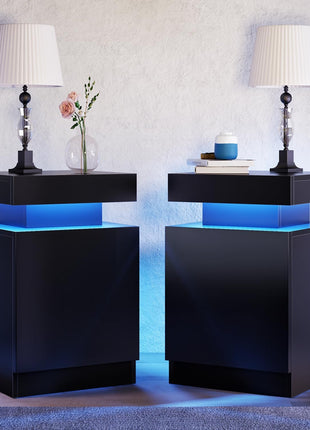 Set of 2 Black Nightstands with LED Lighting and Storage Cabinet for Bedroom