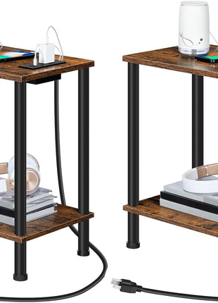Set of 2 Rustic Brown Side Tables with Integrated Charging Station, USB Ports, and Outlets, Featuring Dual Storage Shelves for Compact Spaces