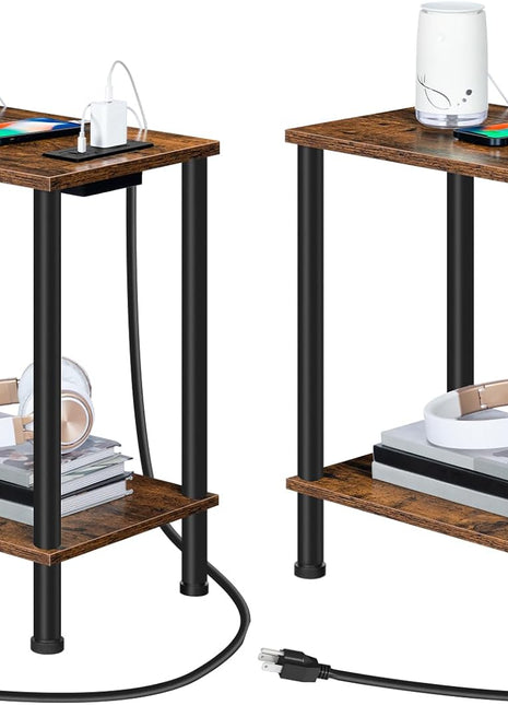 Set of 2 Rustic Brown Side Tables with Integrated Charging Station, USB Ports, and Outlets, Featuring Dual Storage Shelves for Compact Spaces