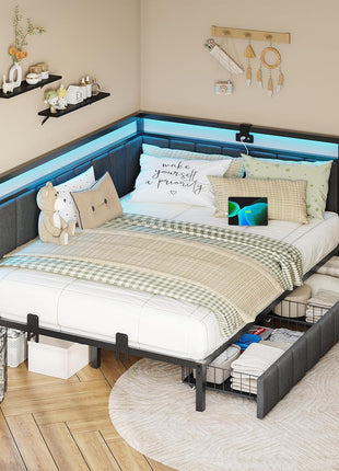 Full Size Corner Bed Frame with Two Storage Drawers and Integrated Charging Station, Upholstered Guardrail, LED Lights, and Gray Finish, Ideal for Teens and Adults