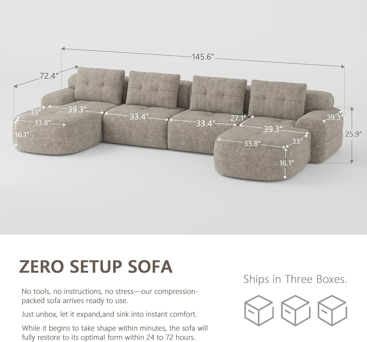 145'' U-Shaped Modular Sectional Sofa Couch, Full-Foam Structure, Compression Packaging Design, Woven Texture Upholstery, Oversized Modern Sofa for Living Room – Wheat Beige