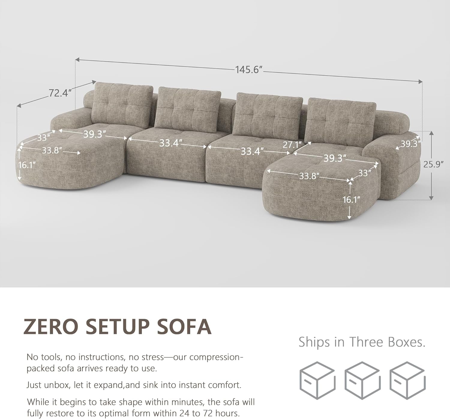 145'' U-Shaped Modular Sectional Sofa Couch, Full-Foam Structure, Compression Packaging Design, Woven Texture Upholstery, Oversized Modern Sofa for Living Room – Wheat Beige