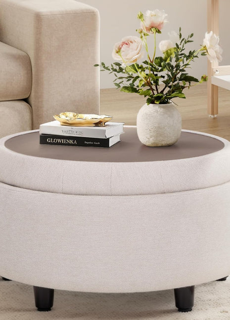 Fabric Round Storage Ottoman with Reversible Tray Lid - Stylish Footrest and Concealed Storage Option, Compact Coffee Table for Living Room, Bedroom, or Entryway (Beige)