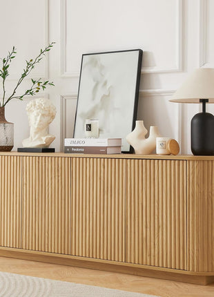64" Wooden Fluted Sideboard Buffet Cabinet with Adjustable Shelves for Kitchen and Living Room (Natural Oak Finish)