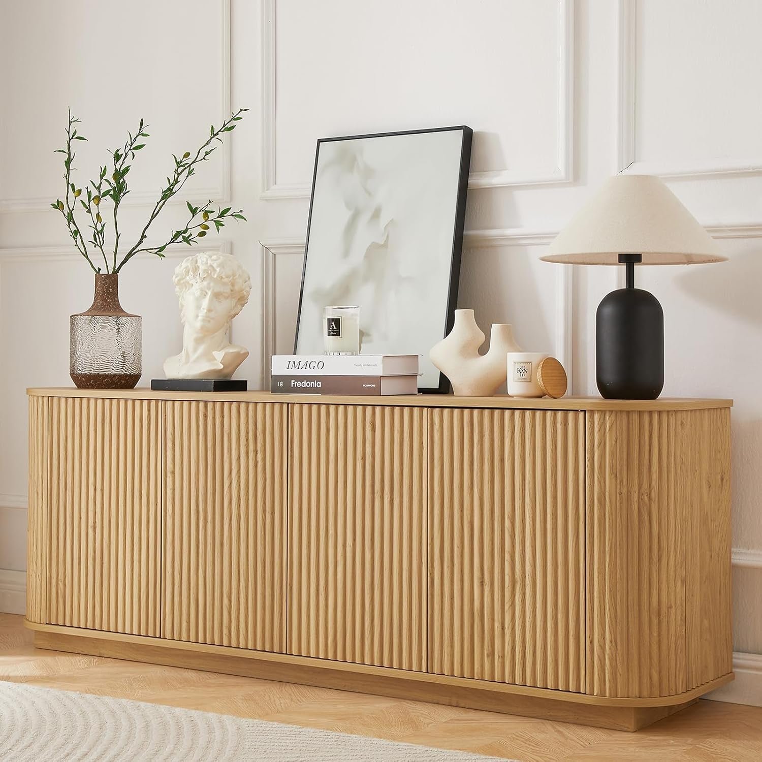 64" Sideboard Buffet Cabinet with Storage, Wooden Fluted Storage Cabinet Sideboard Credenza with Adjustable Shelves Pressed Spring for Kitchen Living Room (Natural Oak)