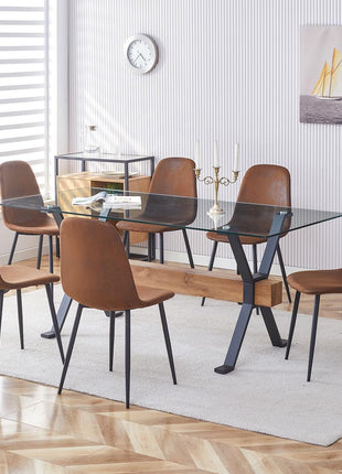 7-Piece Tempered Glass Dining Table Set for 6 with Metal Legs and MDF Crossbar, Featuring 6 Suede Dining Chairs for Kitchen and Dining Room