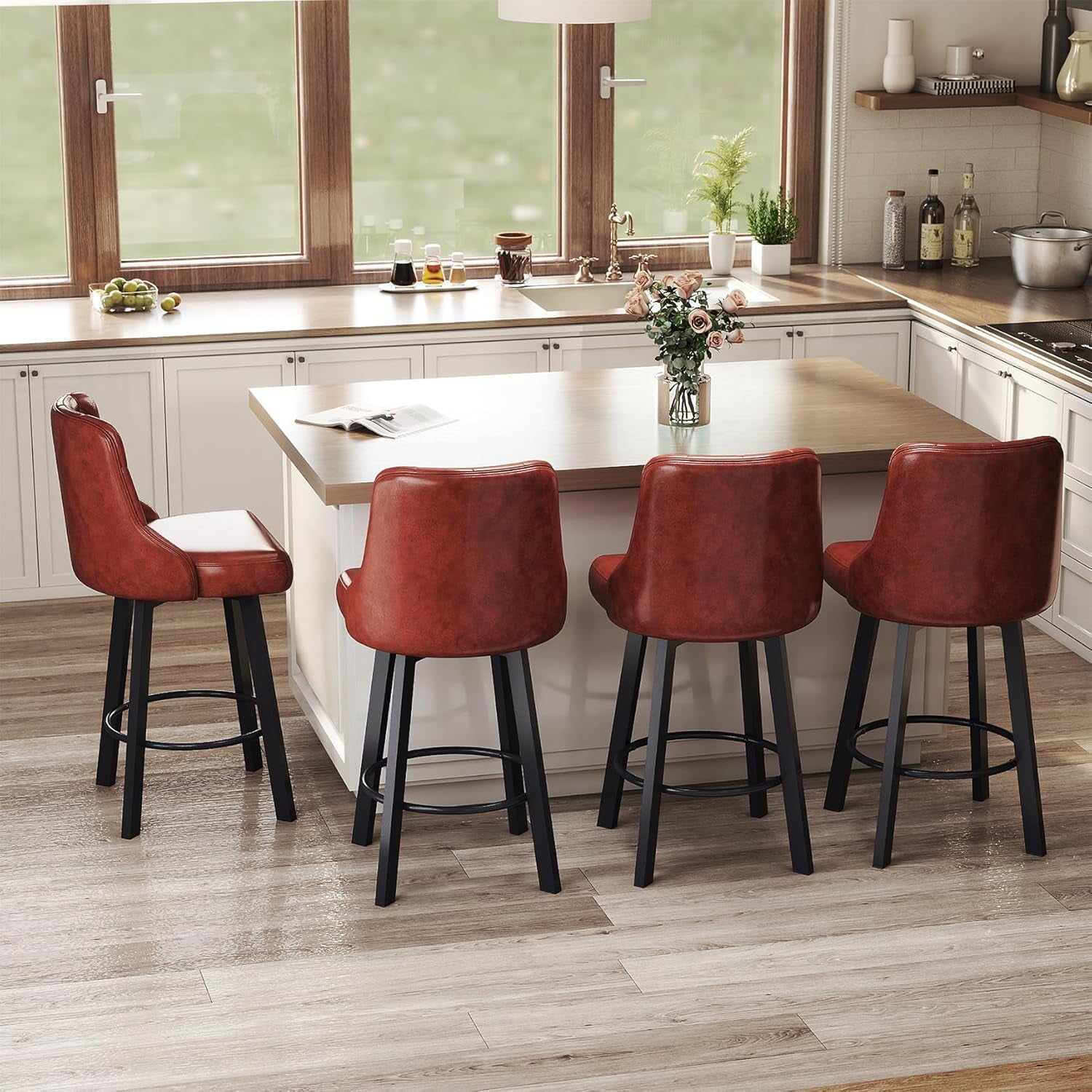 Swivel Barstools Set of 2, 26’’H Modern Counter Height Barstool with Metal Legs,Faux Leather Upholstered Bar Stools with Back for Kitchen Island, Dining Room, Pub - Brown