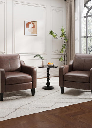 Mid-Century Modern Set of 2 PU Leather Accent Chairs with Removable Cushions and Stitched Armrests in Chocolate Brown