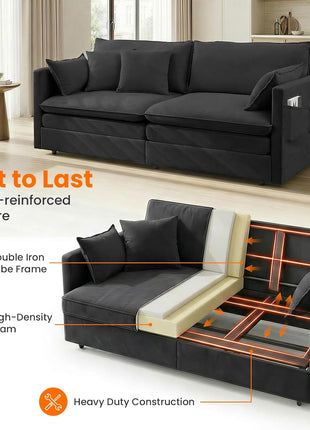 Luxurious 78-Inch King Size Ice Velvet 3-in-1 Convertible Sofa Bed with Side Pocket and Four Pillows in Black