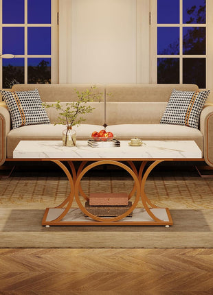 46.45” Contemporary Rectangle Coffee Table with Faux Marble Surface and Geometric Legs, Two-Tier Design Featuring Storage Shelf (White & Gold)