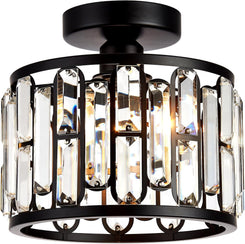 Crystal Ceiling Light, Semi Flush Mount Modern Black Ceiling Light Fixture, Crystal Chandelier, for Bathroom Hallway, Kitchen, Entryway, Bedroom, Laundry Room, Porch 1 Light E26