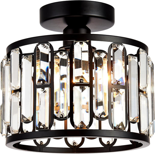 Crystal Ceiling Light, Semi Flush Mount Modern Black Ceiling Light Fixture, Crystal Chandelier, for Bathroom Hallway, Kitchen, Entryway, Bedroom, Laundry Room, Porch 1 Light E26