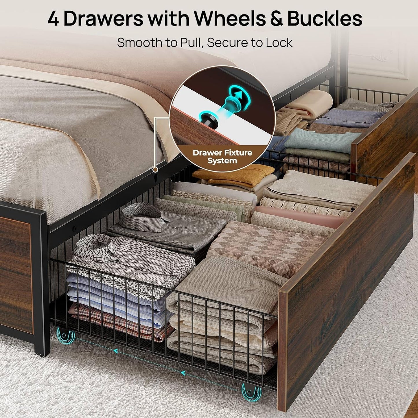 Queen Bed Frame with 4 Storage Drawers, Charging Station and LED Lights, Metal Platform Bed with 2-Tier Storage Headboard, No Box Spring Needed, Easy Assembly, Noise-Free, Walnut