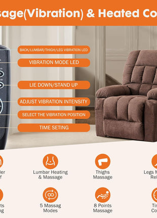 Ergonomic Power Lift Recliner Chair with Vibration Massage and Heat, Overstuffed Breathable Fabric, Side Pockets, and Remote Control for Living Room and Bedroom, Brown