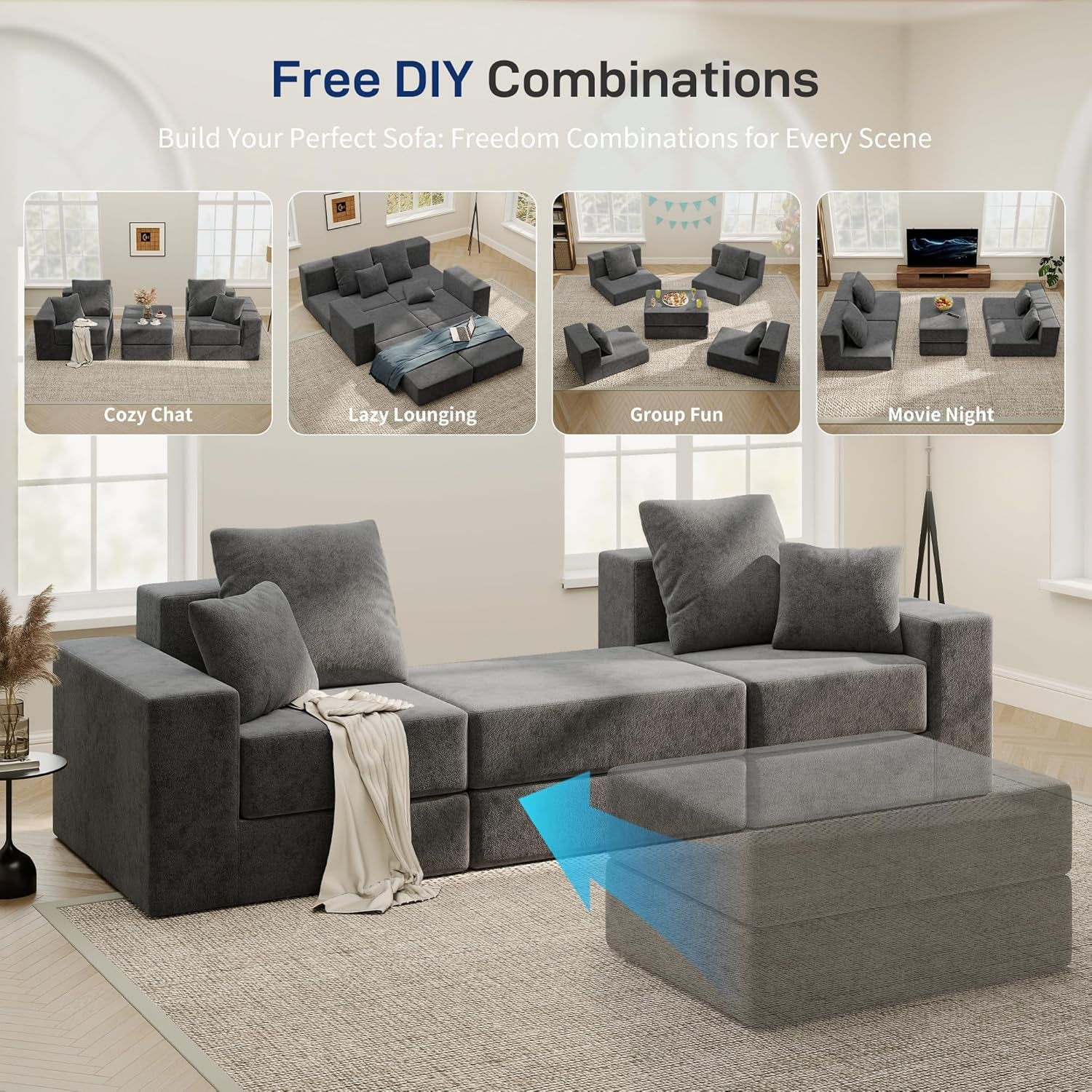 Cloud Modular Sectional Sofa, Comfy Boneless Couch for Living Room, Modern L-Shaped Couch with Reversible Chaise, Customizable Sleeper Sofa with Non Slip, No Assembly & Deep Seat, Dark Grey