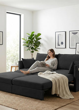 Luxurious 78-Inch King Size Ice Velvet 3-in-1 Convertible Sofa Bed with Side Pocket and Four Pillows in Black