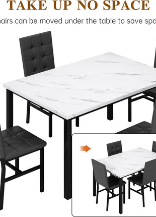Contemporary Faux Marble Dining Table Set for Four with Leather Chairs - Stylish Kitchen Furniture for Compact Spaces (White & Black)