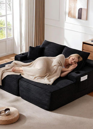 Oversized 69" Boneless Chaise Lounge Chair with Cup Holders and Storage Pockets – Plush Modular Sofa in Black for Superior Comfort