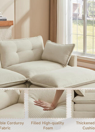 Modular U-Shaped Corduroy Sectional Sofa - 111.5" Comfortable 3-Seater with Two Movable Ottomans, Versatile Modern Deep Seat Design in Beige