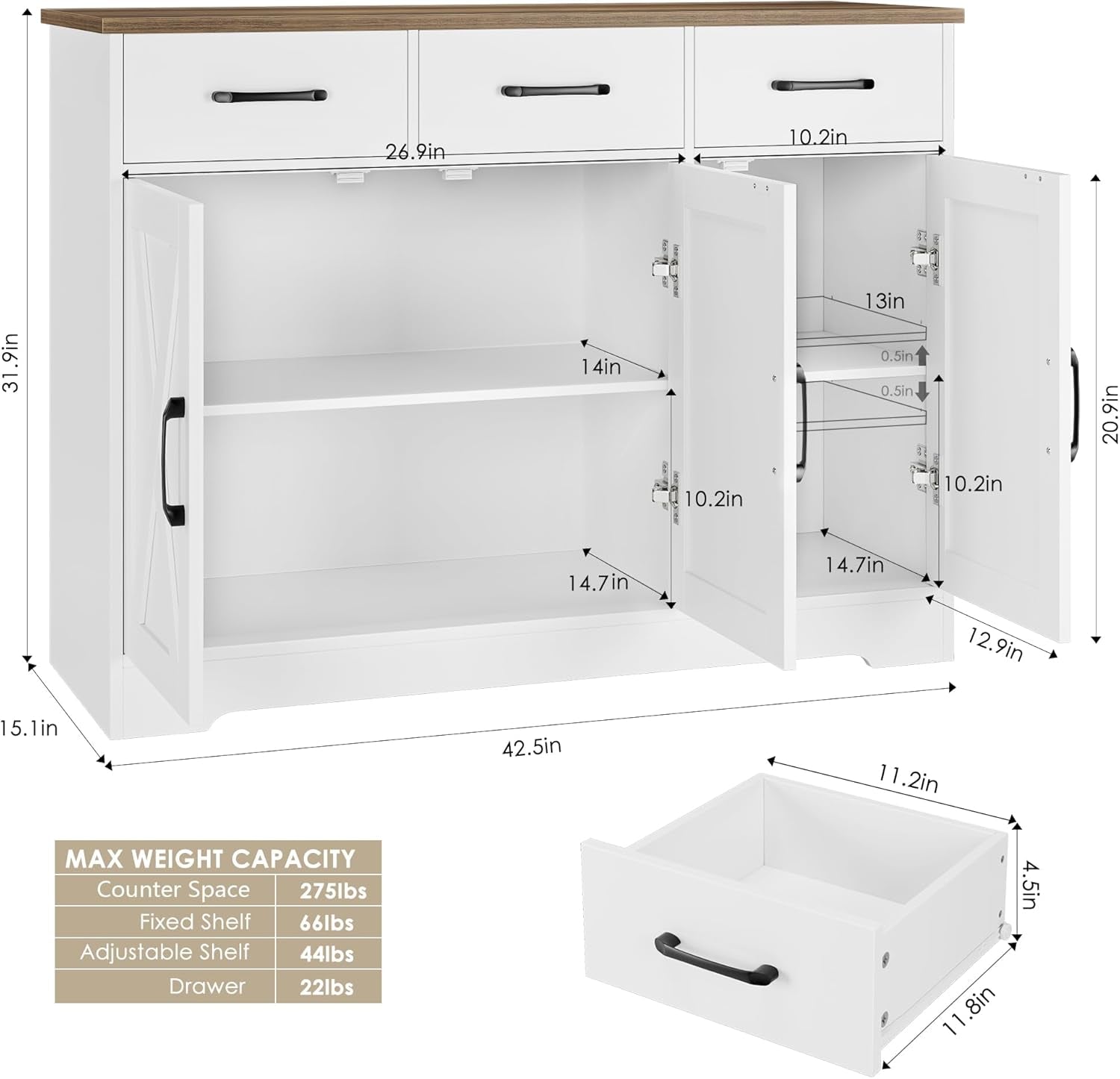 Modern Farmhouse Sideboard Buffet Cabinet, Barn Doors Buffet Storage Cabinet with Drawers and Shelves, Wood Coffee Bar with Storage for Kitchen, Dining Room, Living Room, White