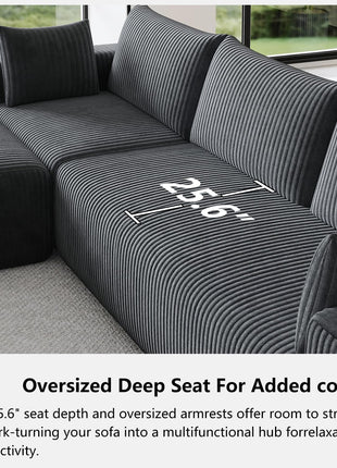 Luxurious 108" Modular Sectional Sofa in Dark Gray Corduroy - L-Shaped Design with Deep Chaise and No Assembly Required - Ideal for Apartment Living