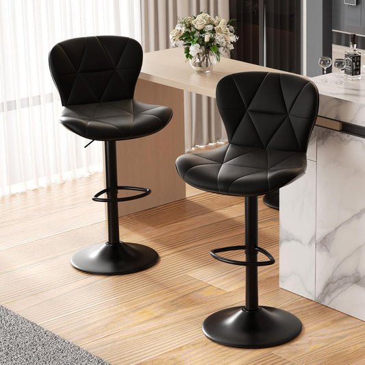 Modern Bar Stools Set of 2, Adjustable Faux Leather Upholstered Swivel Bar Stools, Counter Height Bar Chairs with Back for Kitchen Island, Black