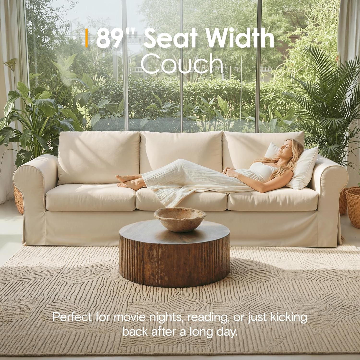 89" 3 Seater Sofa for Living Room, Deep Seated Comfy Couch with High Back Support, Removable Washable Linen Slipcover, Modern Farmhouse Style Rolled-Arm Beige Sofa