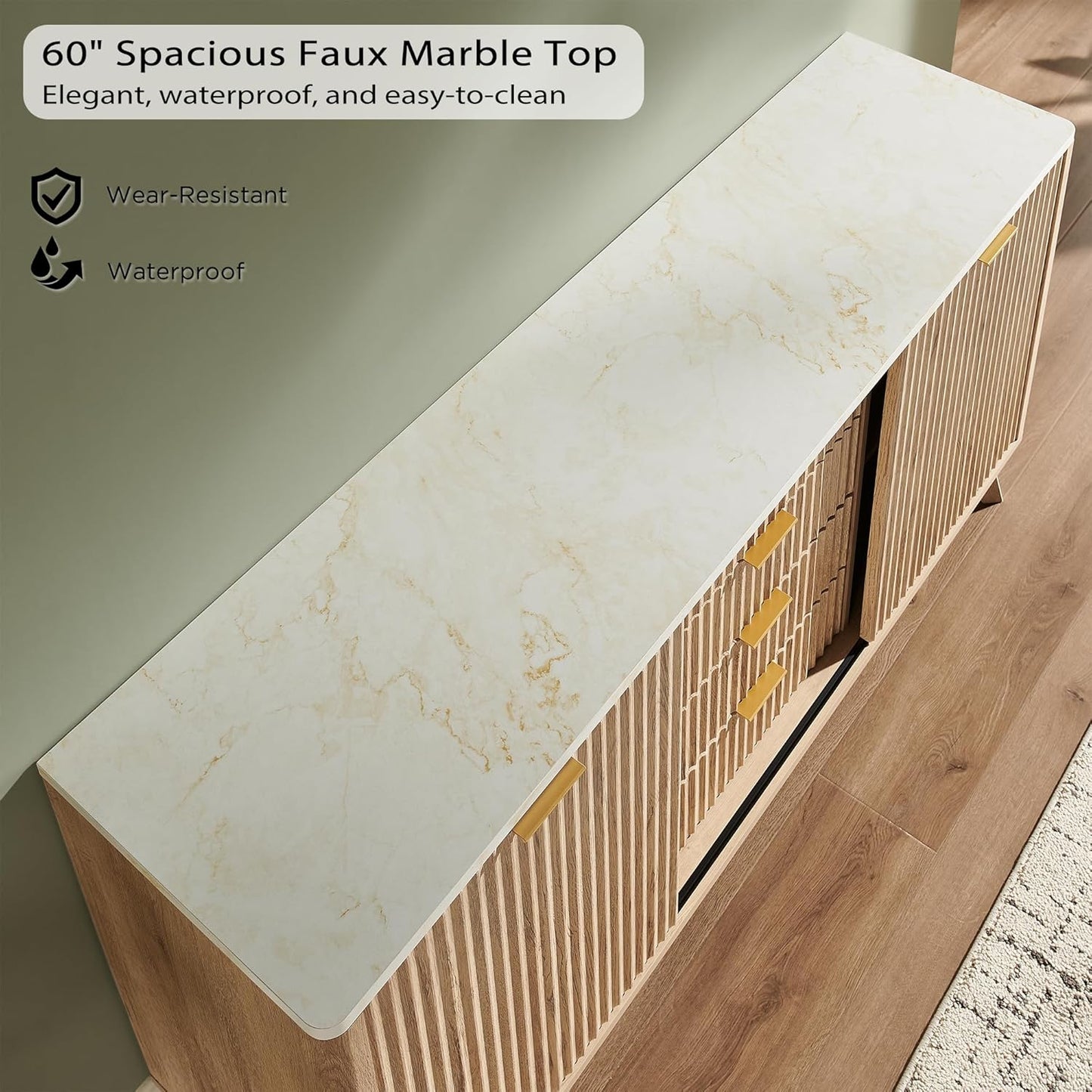 Fluted Buffet Cabinet, 60" Modern Sideboard with Sliding Doors & 4 Drawers, Coffee Bar Table with Storage, Faux Marble Top and Curved Profile Design for Dining Room, Living Room, Natural Oak