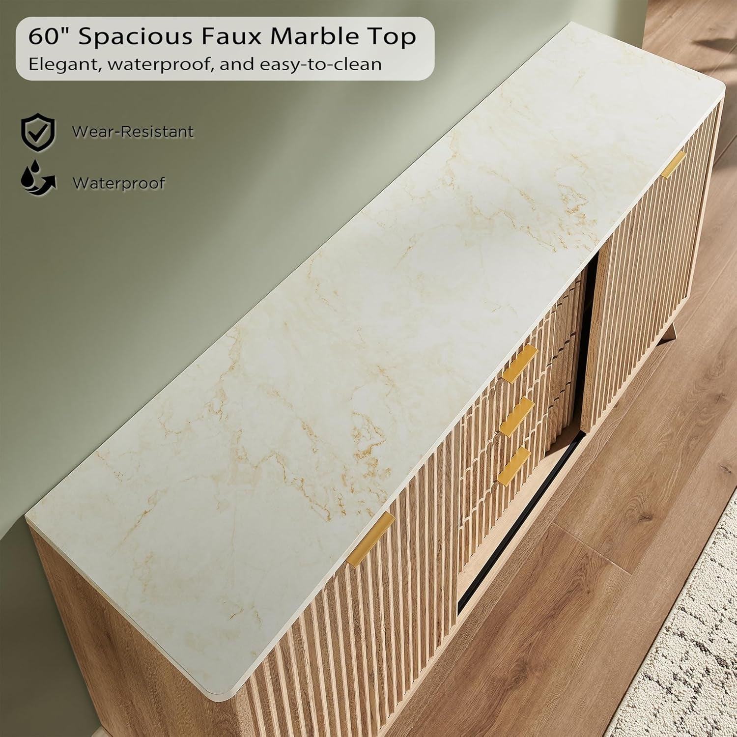 Fluted Buffet Cabinet, 60" Modern Sideboard with Sliding Doors & 4 Drawers, Coffee Bar Table with Storage, Faux Marble Top and Curved Profile Design for Dining Room, Living Room, Natural Oak